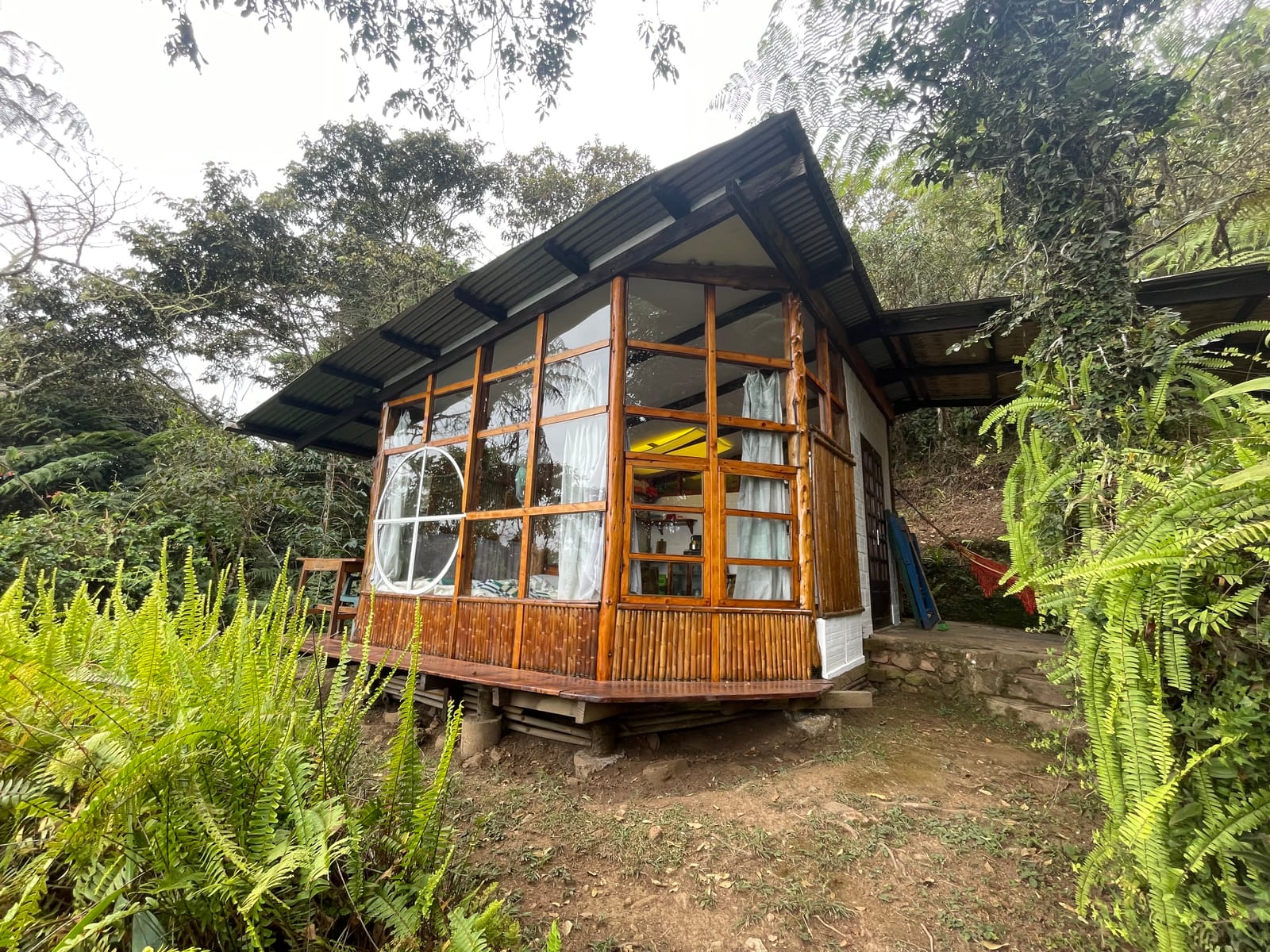 Cabaña de bambú con ventana redonda rodeada de selva